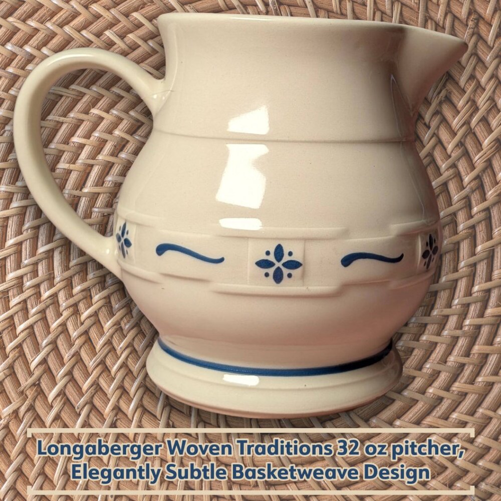 Vintage Longaberger Woven Traditions Classic Blue 32oz Pitcher, Made in USA